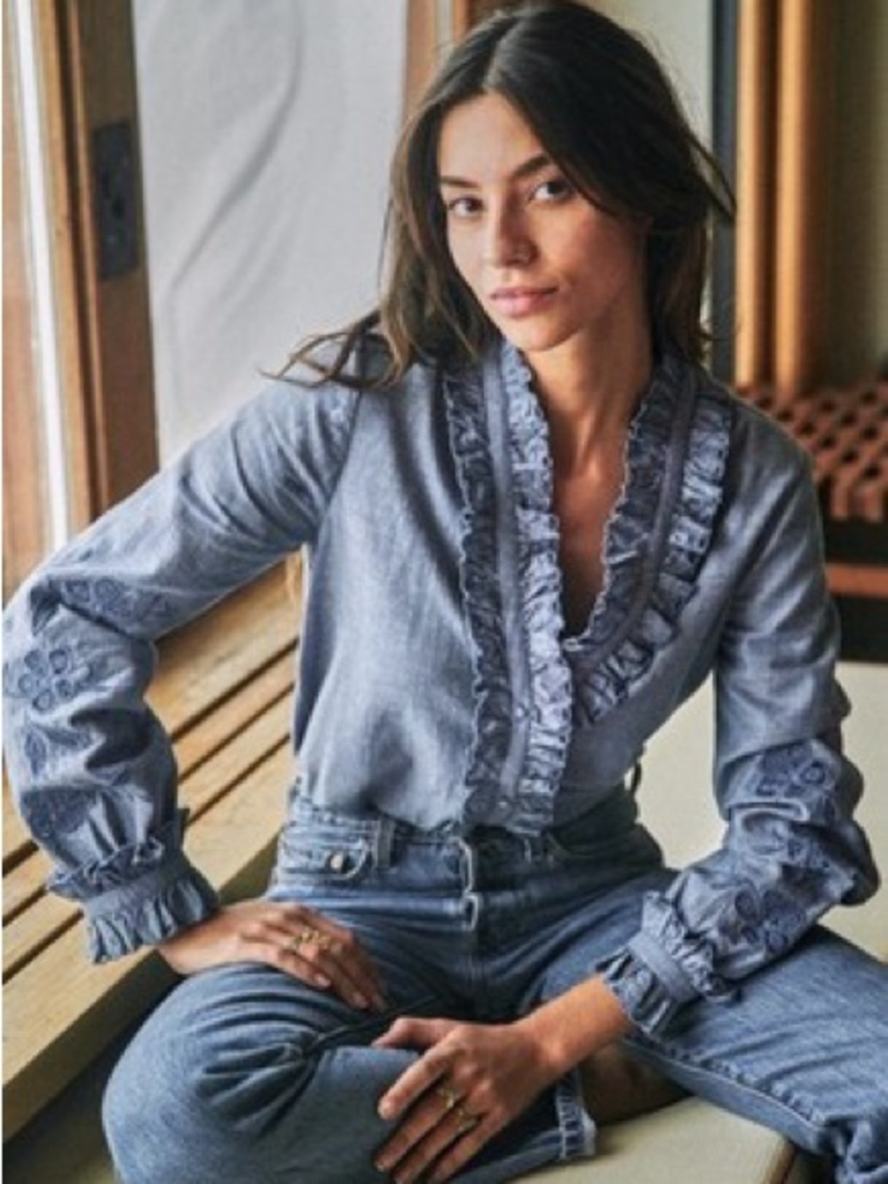 Sezane Powder Blue Ruffled Linen Button Front Blouse